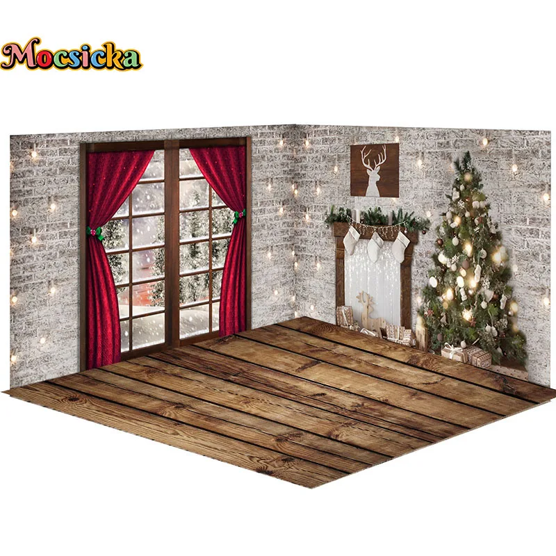 

Mocsicka Christmas Room Photography Backdrop Fireplace Window Scene Xmas Tree Floor Family Portrait Photo Backdrop Kids Portrait