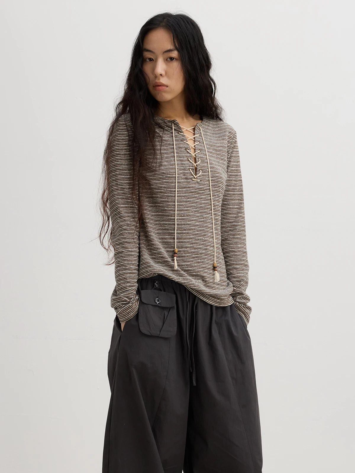 

Мужская футболка SONGTAG из льна и шелка, с круглым вырезом, длинным рукавом, с деревянными бусинами, в полоску, комфортная, дышащая, Cleanfit