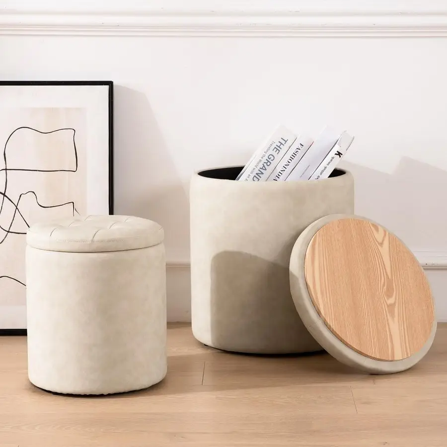 

Leather Round Ottoman with Storage 12.6 W x 14.17 H amp 14.76 W x 17.32 H Set of 2, Small Boucle Coffee Table Footstool with Re