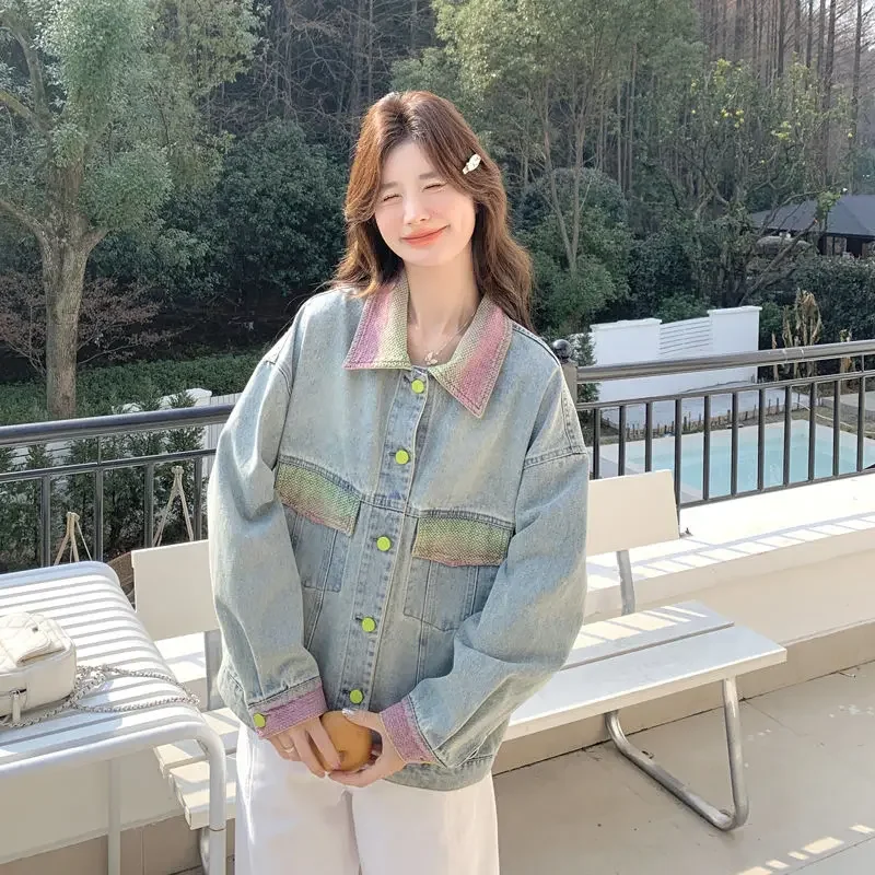 

Весенние женские куртки для девочек, новый дизайн, стильная куртка, топ, женское свободное весеннее пальто, женская джинсовая верхняя одежда с цветным воротником