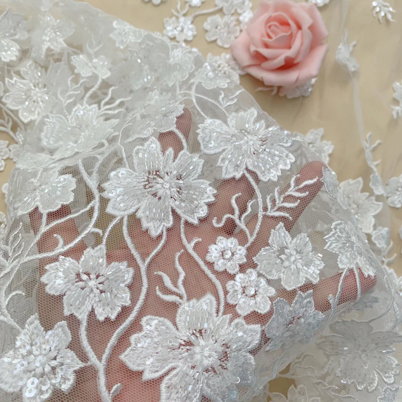 Bridal Lace 3D Fabric, Creamy White, Luxury Beaded Sequin Wedding Dress, Advanced Custom-made Sewing Fabric, 22071127