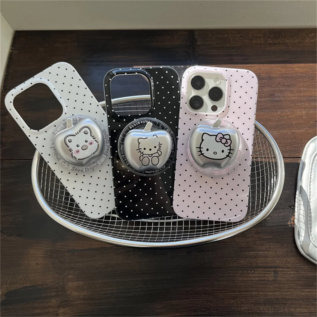 

Korean Cute Little Polka Dot Phone Case For iPhone 17 Pro 14 16 15 Pro Max Cover with Kitty Stand Silicone Cartoon Cases