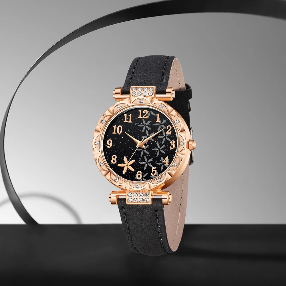 طقم ساعات نسائية سوداء مكونة من 6 قطع، طقم أقراط كوارتز بمقياس رقمي عصري وسوار وسوار وقلادة هدية مثالية