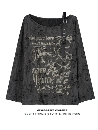 Imagen 2 del producto Camiseta Vintage Y2K de gran tamaño con hombros descubiertos y estampado para mujer, camiseta básica holgada de manga larga con agujeros de Hip hop, jerséis, Tops para mujer