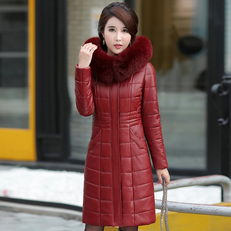 

L-8XL New Women Long Leather Overcoat Winter 2025 Mother Sheepskin Coat Thicken Warm Fur Collar Hooded Jacket Outerwear Female