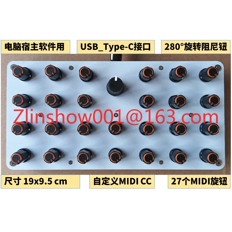 27 MIDI knobs, Knob custom CC information, USB-C interface, music host software controller
