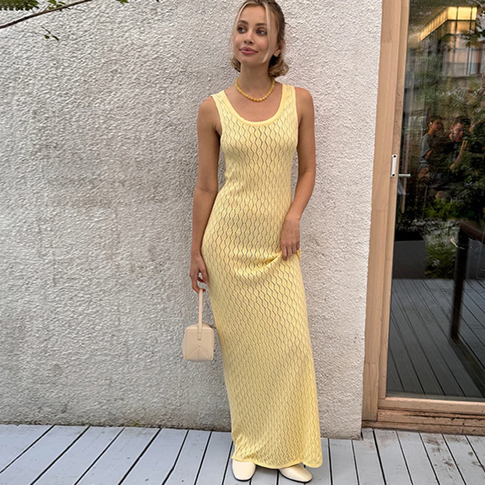 

Ticketsx Summer Long Knitted Dress Sexy New Hollow Out Sleeveless Slim Women's Dress Elegant 2026 Vintage Beach Vacation Dresses