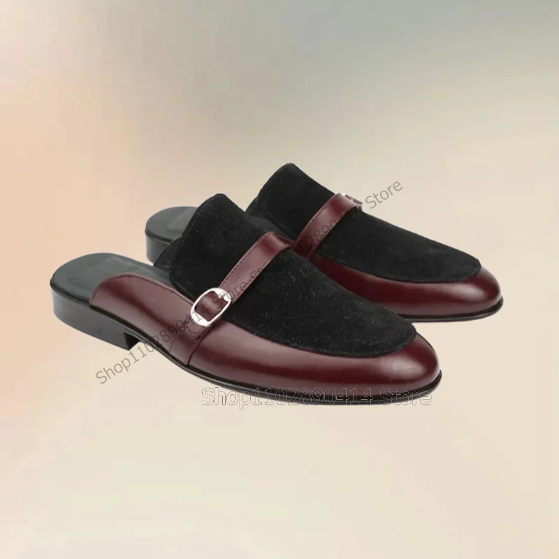 

Burgandy Patchwork Buckle Decor Double Monk Slippers Fashion Slip On Men Shoes Luxurious Handmade Party Banquet Men Casual Shoes