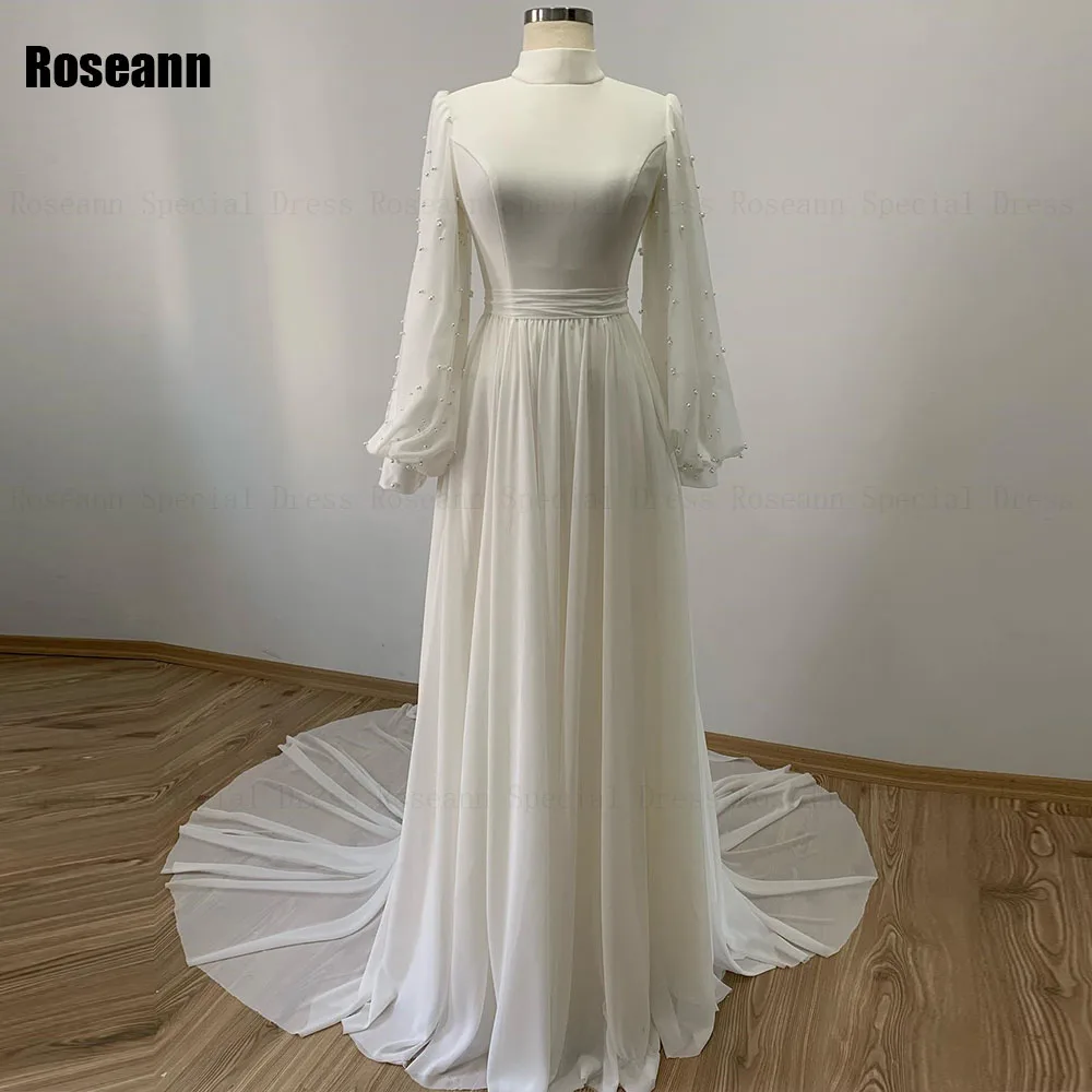 

Muslim 2024 New Exquisite Ivory A-line Wedding Dresses Pearls Draped Pleat Brush Train Floor Length Bride Dress robe de mariée