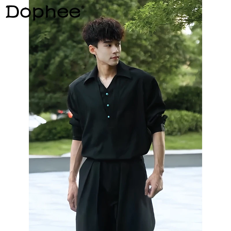 

Men's 2025 Autumn New High-End Elegant Handsome Tops Faux Two-Piece V-Neck Long Sleeve Shirts Fashion Button Decoration Shirts