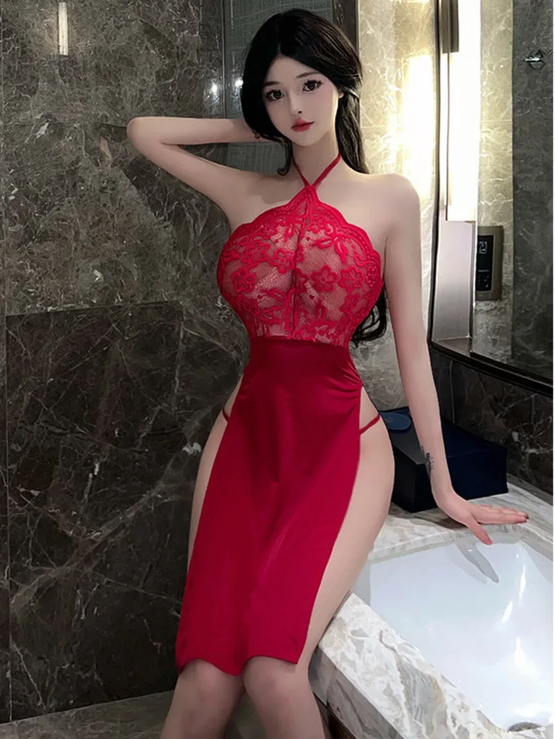 

Dress Halter Neck Mini Mesh Lace Sweet Tops Women's Sexy Cheongsam Temptation Uniforms Robe Dress Elegant 2024 New L6TY