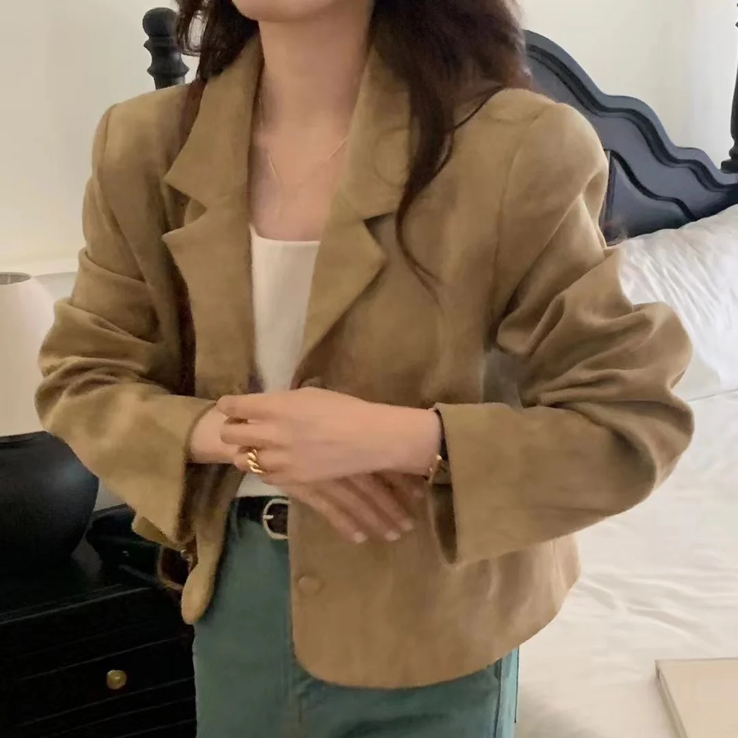 

2026 Spring Early Korean Sle Retro Simple Versatile Suit Collar ort Jaet with Bag Bule Long Sve Daily Wear Polyester