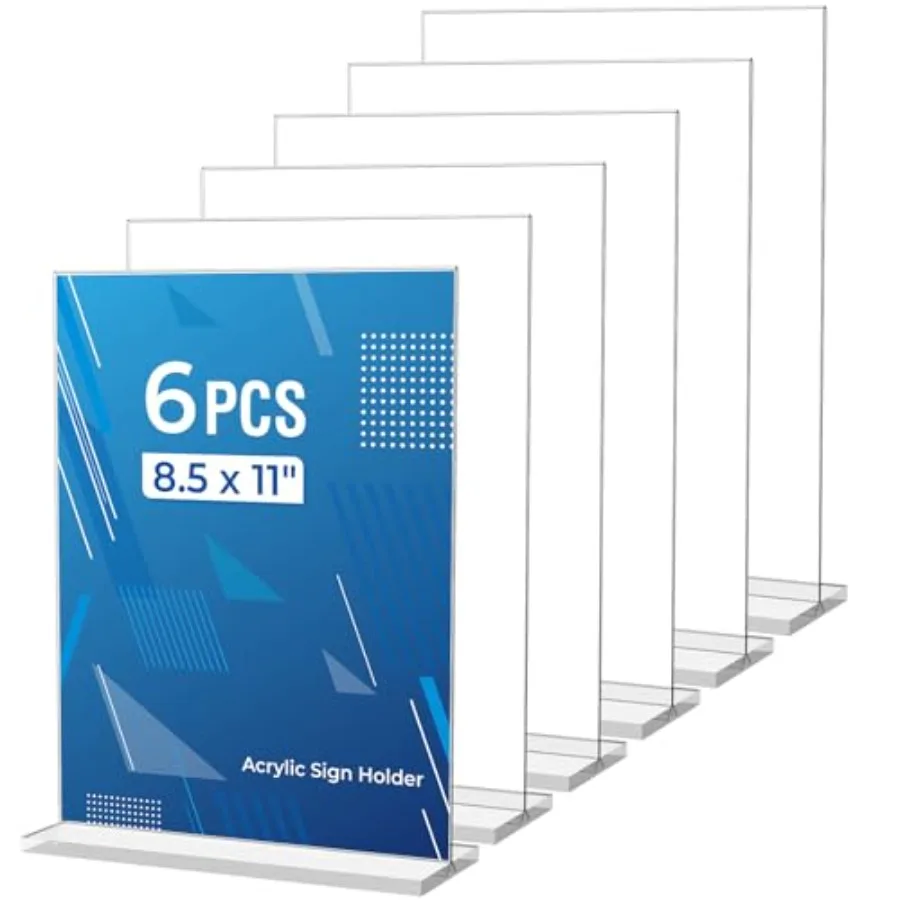 

6 Pack Acrylic Sign Holder 8.5 x 11 Inches, Clear Menu Holder Stand, Vertical Flyer Display Stand, Table Paper Holder, Desk Bro