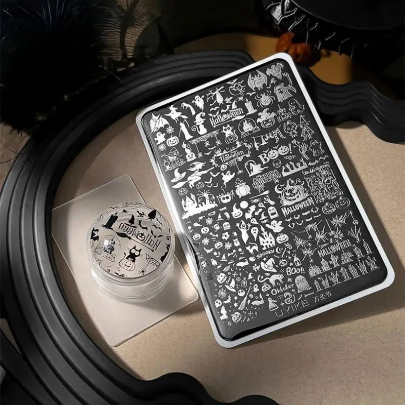 Halloween Nail Art Stencil Plates Durable Stainless Steel Pumpkin Skull Cat Pattern 1Pcs for Halloween Party Nail DIY Decor