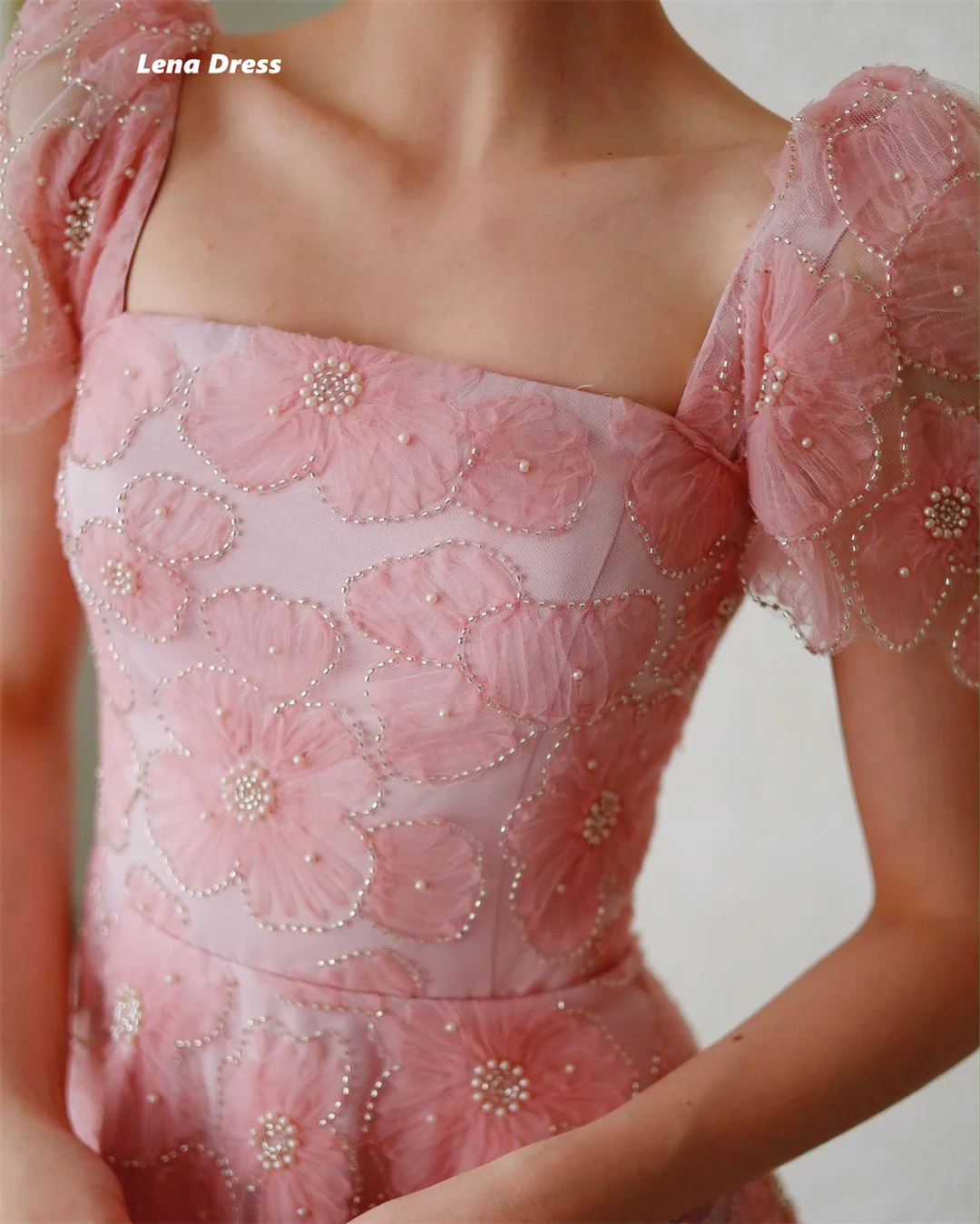 Lena Custom Made Prom Dresses 2025 Luxury Evening Dress Woman Luxurious Party Dress Pink Square Collar Floral Lace Short Sleeves