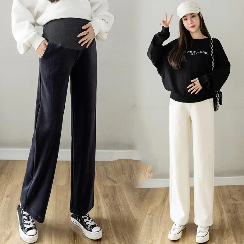 

Maternity Padded Wide-legged Pants Fall Winter New Thin Straight Draped Casual Pants Pregnancy Trousers