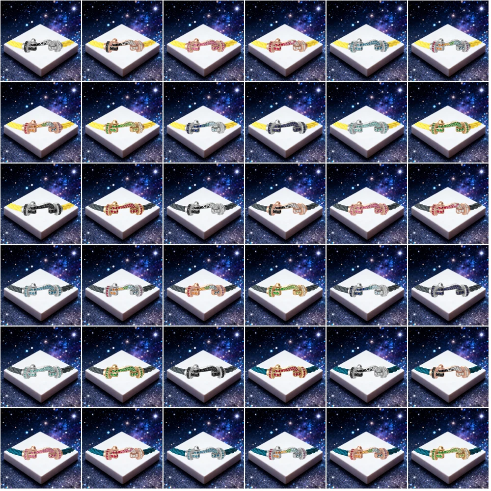 

KUXM New 925 Silver Colorful Double Row Zircon Large Size U-shaped Yellow Nylon Bracelet Party Gifts Luxurious Couple Jewelry