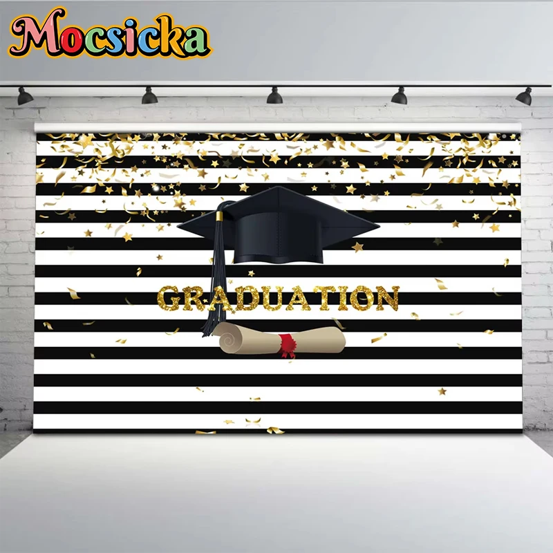 

Mocsicka Graduation Decorations 2025 Background For Photography White Black Stripe Bachelor Cap Gold Party Banner Photo Backdrop