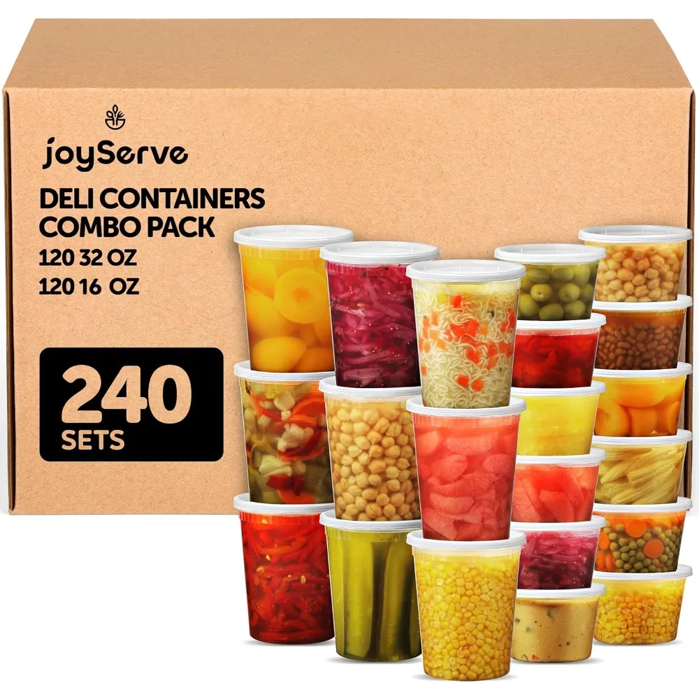 

JoyServe Deli Food Containers with Lids - (240 Sets) Bulk Case of 120-32 Oz Quarts & 120-16 Oz Pints Airtight Food Storage