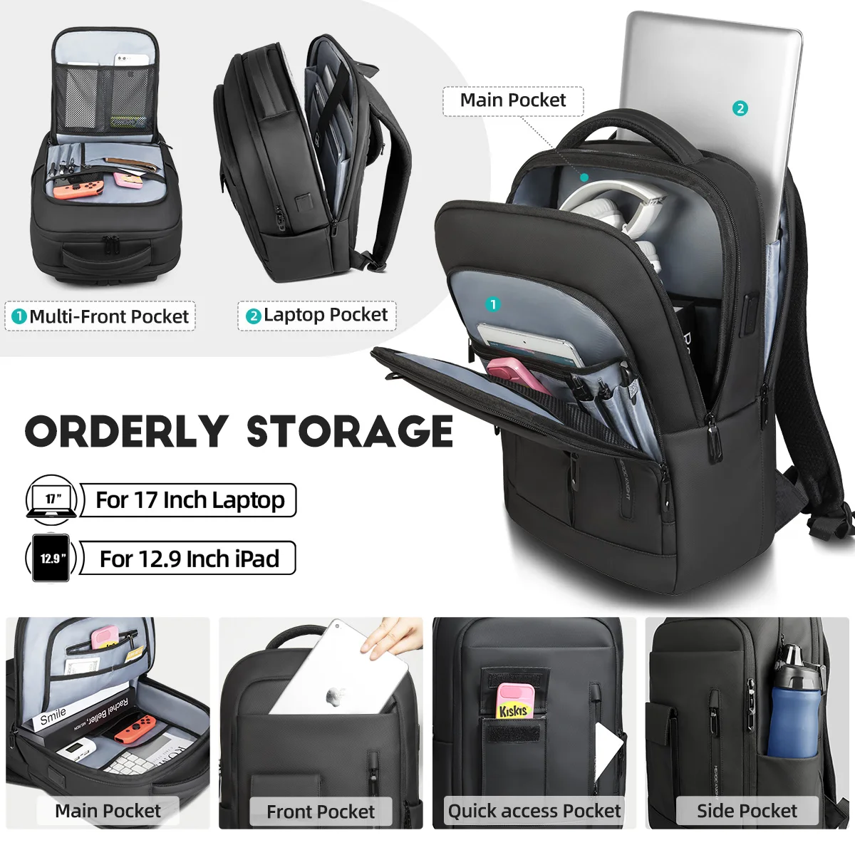 حقيبة ظهر للعمل مقاومة للماء من HK للرجال مضادة للسرقة مقاس 17 بوصة للكمبيوتر المحمول مع منفذ USB حقيبة ظهر للسفر للعمل والمكتب وحقائب مدرسية #4