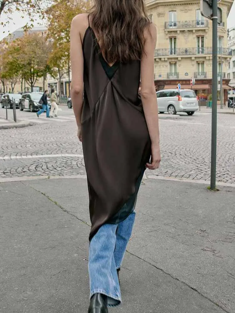 Estilo europeu e americano inverno nova chegada feminina com decote em v cinta de espaguete emendado ​ ​ vestido midi assimétrico de cetim com renda