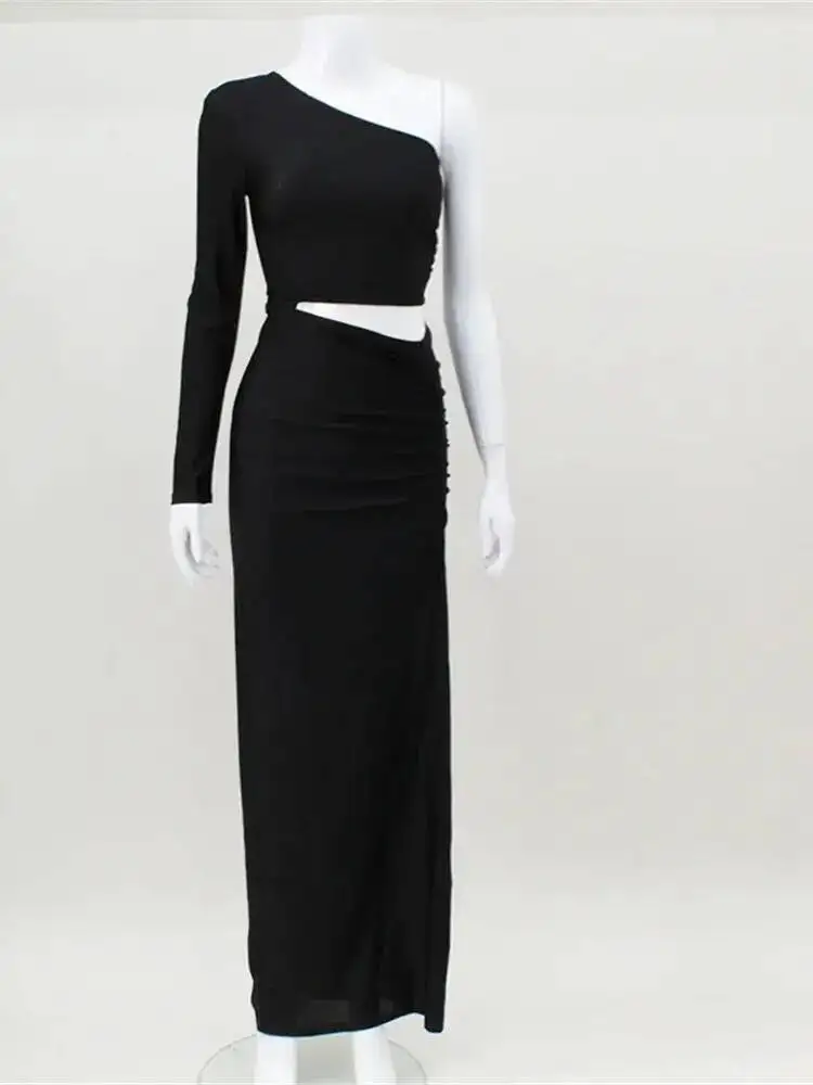 CNYISHE One Shoulder Cut Out Split Ruched Maxi Dress For Women Elegant Party Prom Gown Dresses Woman Sexy Birthday Outfits Robes