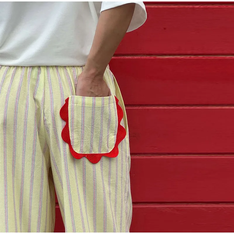 Casual Contrast Striped Women's Pants Wave Cut Elastic Waist Female Wide Leg Trousers 2026 Autumn Lady Vintage Chic Pant