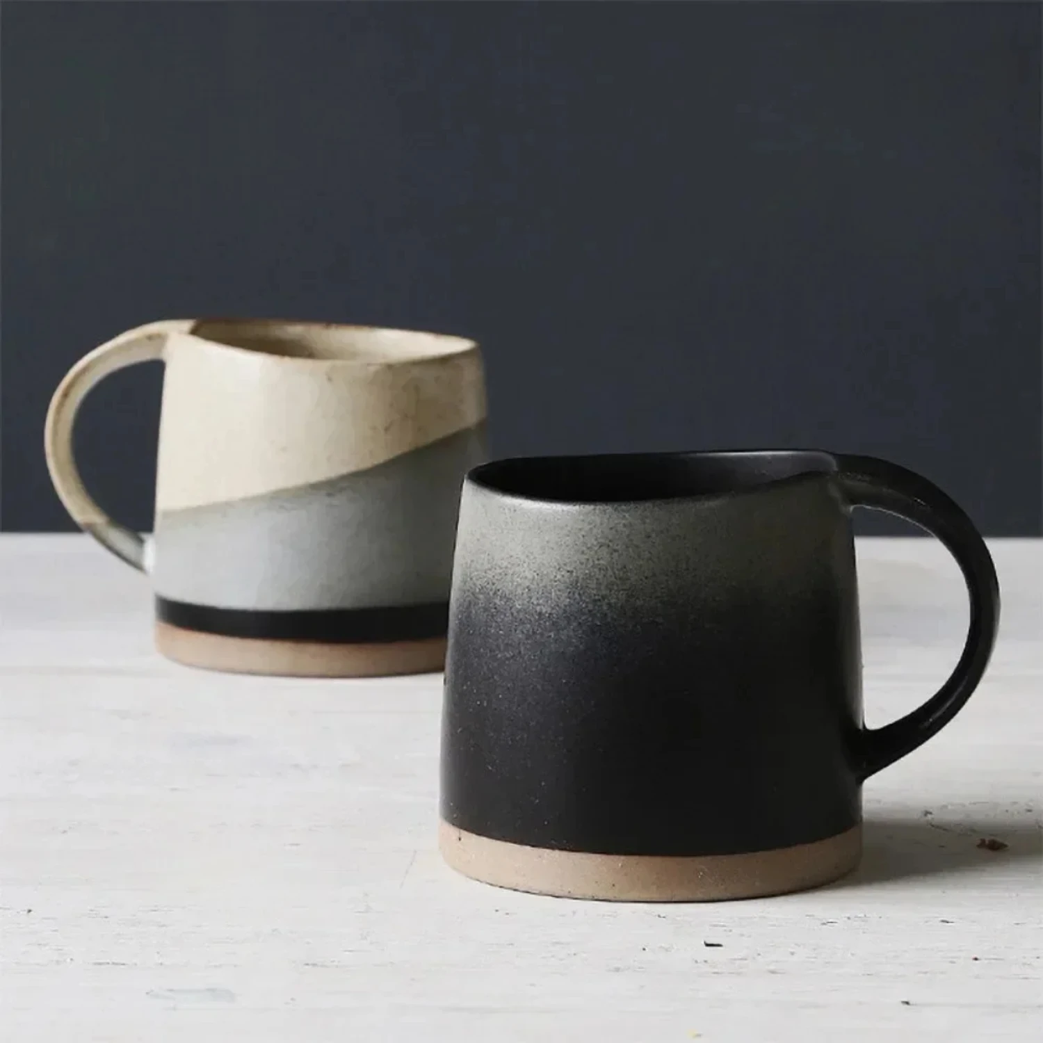 Vintage Japanese Style Coarse Pottery Black and White Latte Mug - Retro National Trend Coffee Cup - Chinese Style Clay Cup