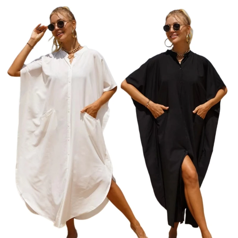 Womens Casual Summer Short Sleeve Side Split Buttons Down Long Kimonos Cardigans Swimsuit Cover Up Beach Dress Gift