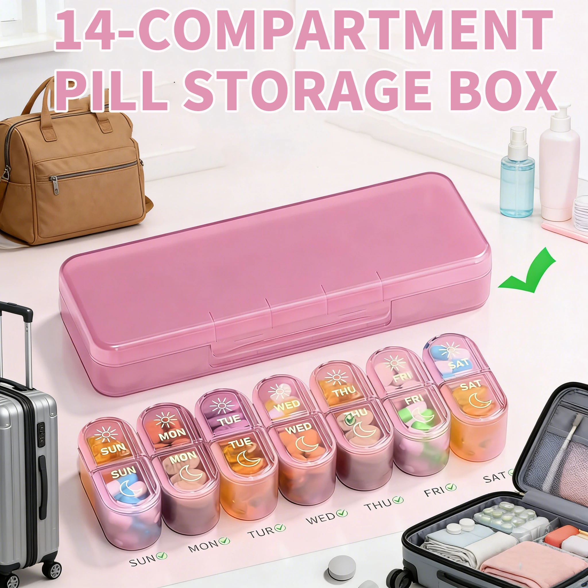 Pillendose mit 14 Fächern – versiegelt und feuchtigkeitsbeständig, geeignet zum Transportieren und Organisieren von Medikamenten für sieben Tage pro Woche