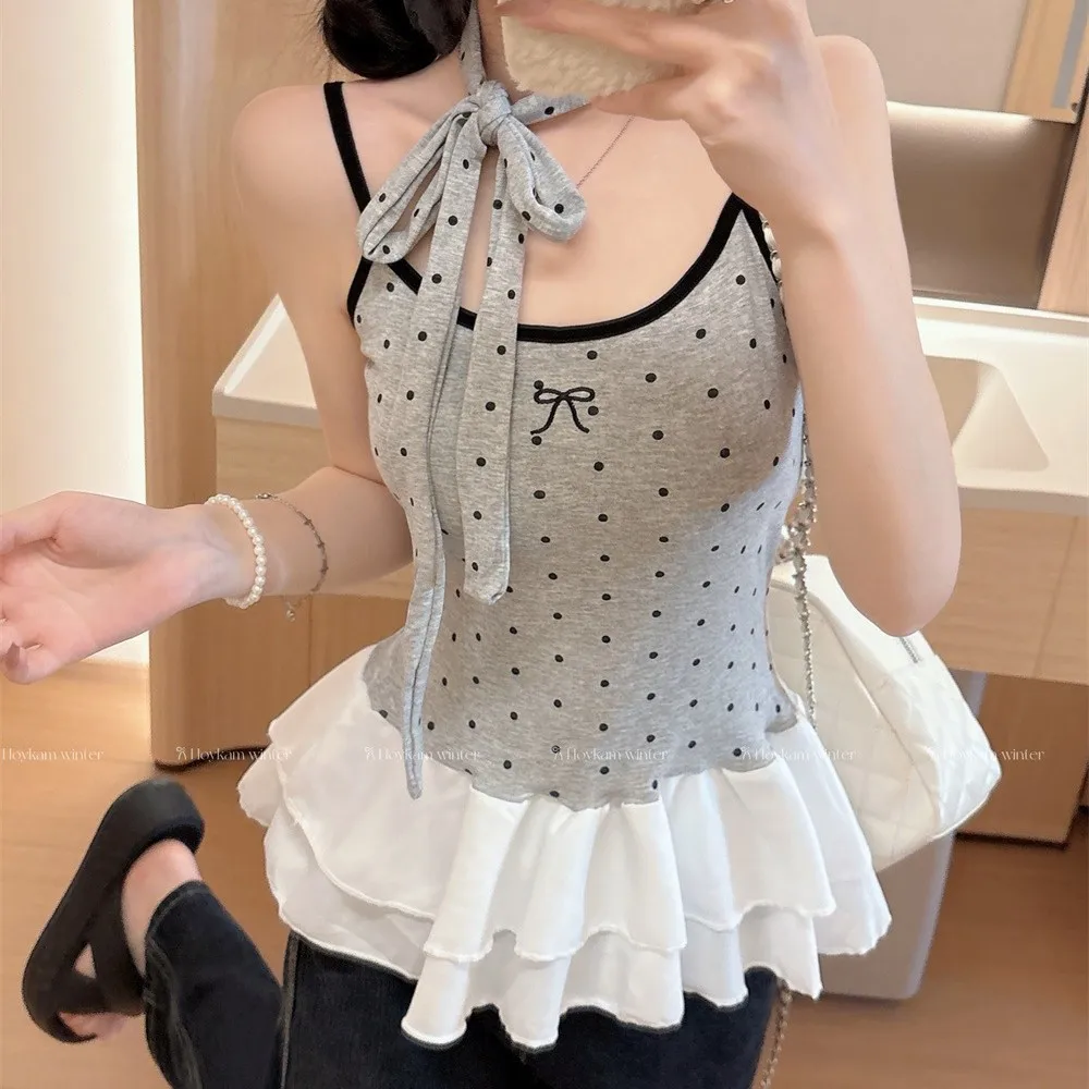 Polka Dot Bow Camisole Tank Top, Spicy Girl Ruffle Edge Splicing and Layering
