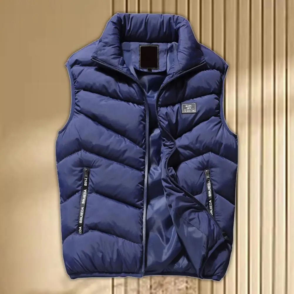 Trendy Sleeveless Jacket  Solid Color Skin-Touch Men Waistcoat  Coldproof Pockets Pockets Vest