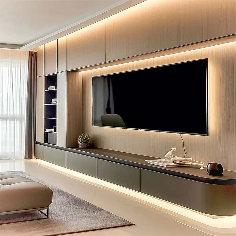 Luxury Modern Design Furniture Floating Wooden Shelf Wall Mounted TV Console Stand Unit Cabinet with Panels for Living Room