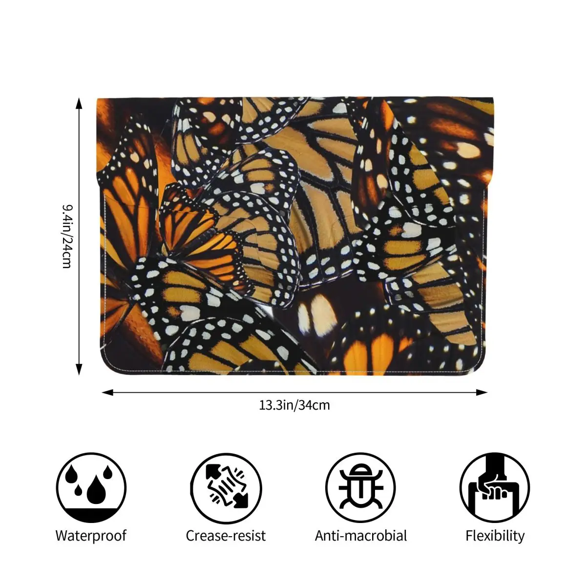 Butterfly Orange Pattern PU Leather Horizontal Laptop Sleeve Shockproof Soft Lining Notebook Case 13 Inch