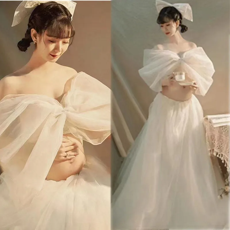 Headband Studio Shooting Photo Props Women Photography Props White Elegant Bow-knot Maternity Dresses Pregnancy Dress