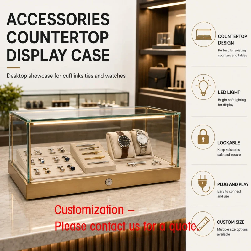 custom.Accessories Countertop Glass Display LED Lockable Desktop Showcase Cufflinks Ties Watches