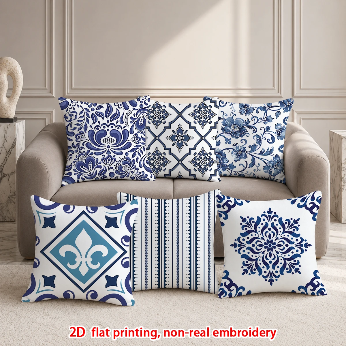 6pcs  Set of 6 Blue And White Porcelain Style Throw Pillow Covers Vintage Floral Geometric Cushion Cases For Sofa Bedroom Living