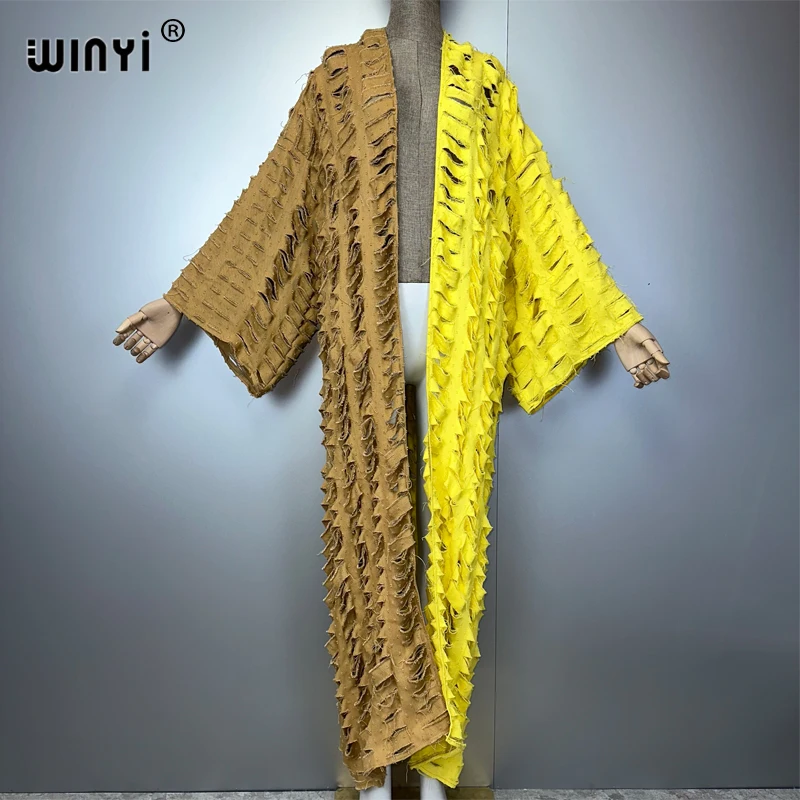 Winyi moda africana cardigan para as mulheres novo 2024 solto casaco oco denim longo para baixo casaco maiô cobrir verão quimono