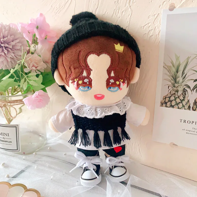 

20cm Plush Doll Clothes Cute Black Hat Tassel Vest White Shirt Shoes Set Idol Doll Clothes Accessories Toys Girls Gifts