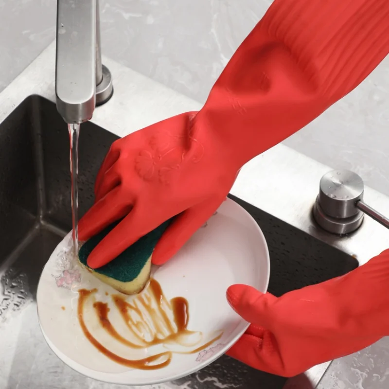 1 Pair Red/Yellow 45cm Long Latex Dishwashing Gloves Thick And Wear-resistant Material Oxford Thicker And Longer Rubber Gloves