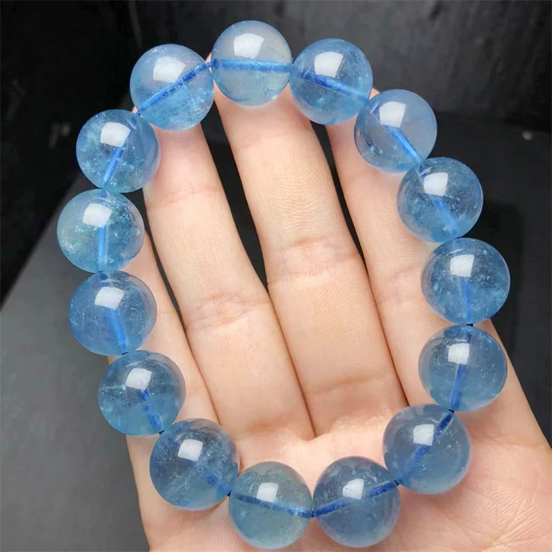 14MM Natural Aquamarine Bracelet Women Fashion Round Stone Elegant Healing Strand Bangles Wristband Gift