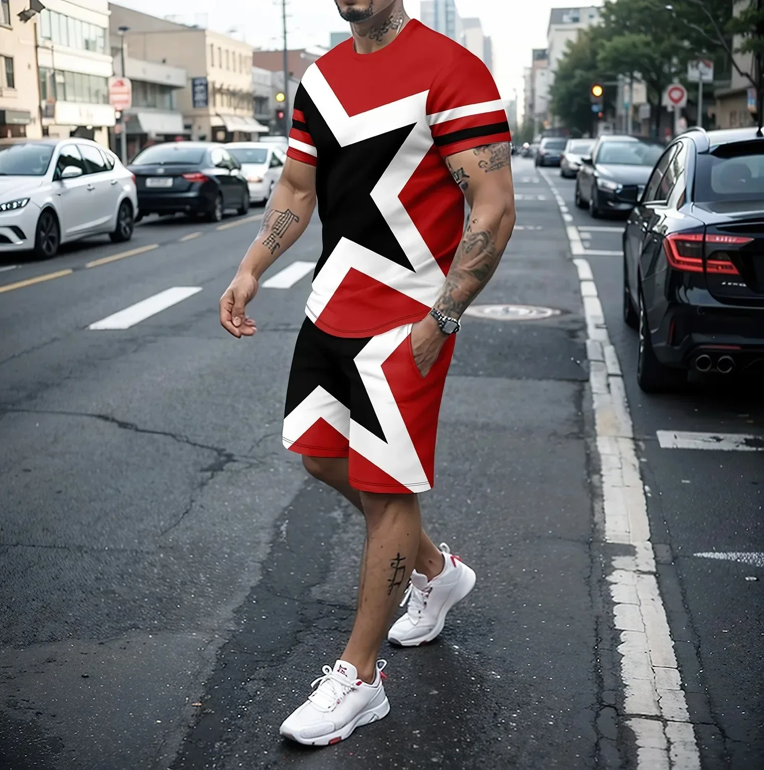 Summer New Fashionable Street Star Shaped T-shirt and Shorts Set for Men and Teenagers Leisure Vacation Set 3D Printing