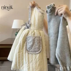 2024 Winter New Korean Edition Girls' Sleeveless Quilted Cotton Strap Skirt, Thickened Solid Color Tank Top Skirt Trendy
