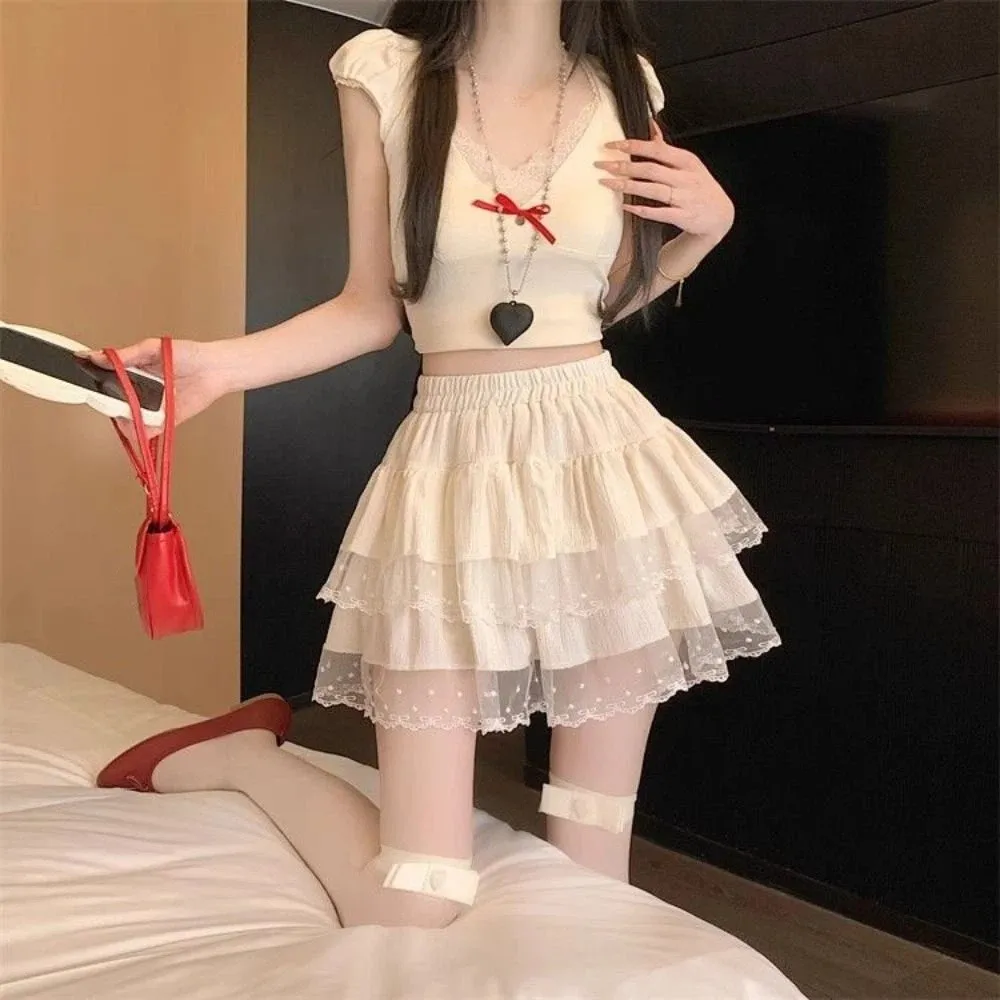 

Fluffy Dots Puffy Cake Skirt Women Sweet Textured Lace Bowknot Short Skirt with Safty Pant High Waist A-Line Short Skirt Party