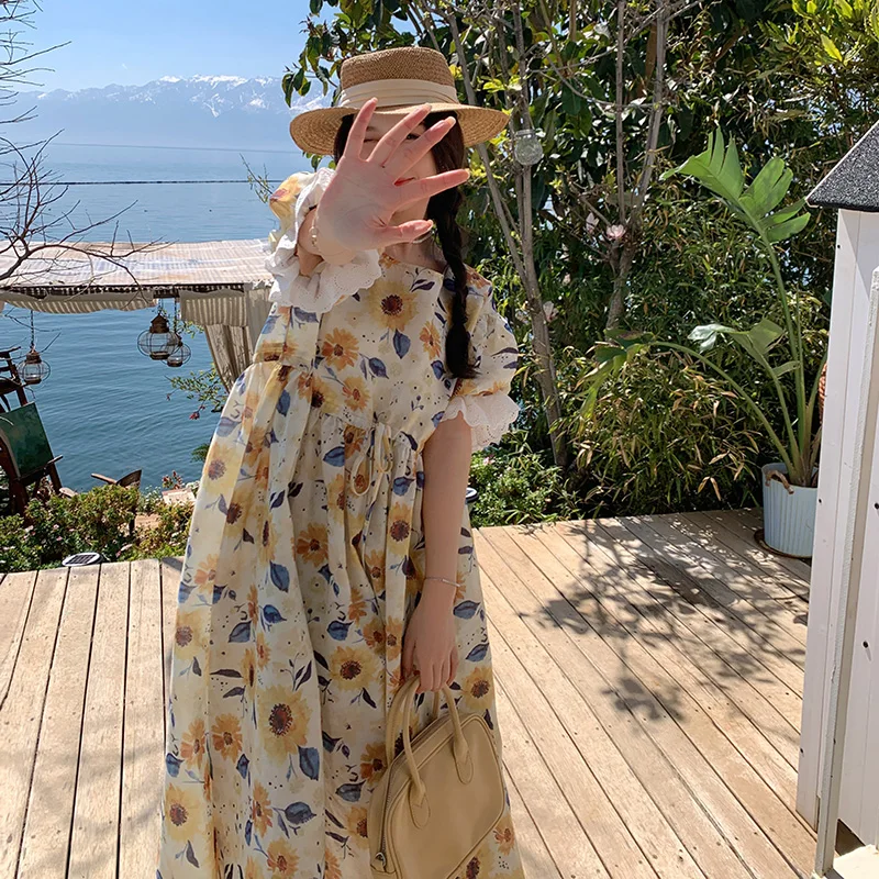

Women Plus Size Painting Vintage Midi Long Dress Lace Short Sleeve Loose Fashion Casual Party Dresses Summer Female Clothing