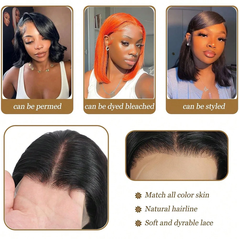 مستقيم قصير بوب شعر مستعار شعر الإنسان 13x4 الدانتيل الشفاف الجبهة الباروكات 200 الكثافة الطبيعية أسود مستقيم قصير بوب خصلات الشعر المستعار الإنسان