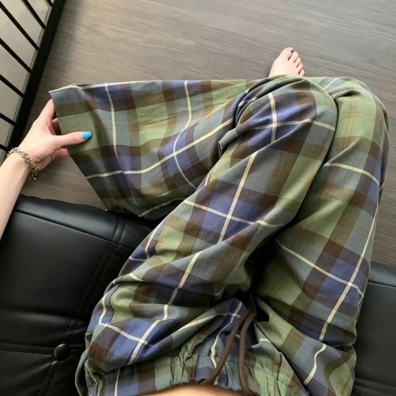 Men Women Straight‑Leg Long Pants 3D Vintage Plaid Pattern Print Quick‑Dry Trousers Brown Drawstring Elastic Waist Hip Hop Pants