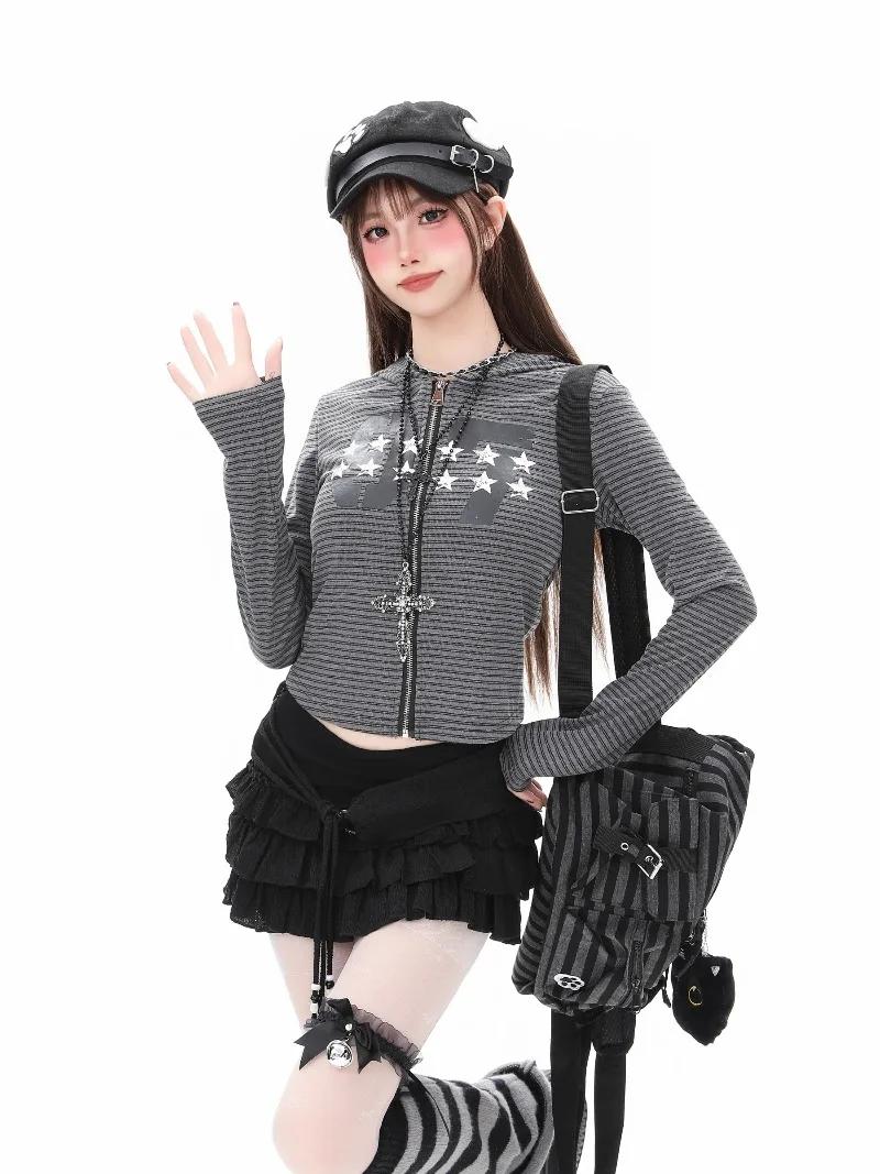 Unique Design Star Print Striped Sweatshirt Women's Clothes Autumn Slim Fit Versatile Zipper Short Long-sleeves Jacket Outerwear