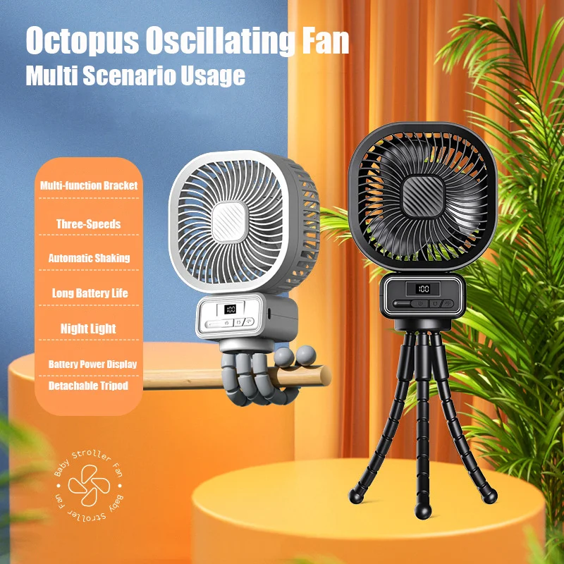 

Battery Operated Stroller Fan 5000mAh Flexible Octopus Tripod Fans with 3 Speeds LED Display Outdoor Handheld Shaking Head Fan