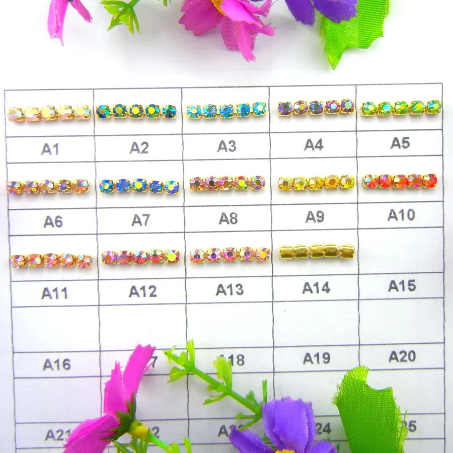 High density Gold cup base AB colors ss6 2mm SS8 2.5mm SS10 2.8mm SS12 3mm glass crystal rhinestone chain Sew On glue on trim